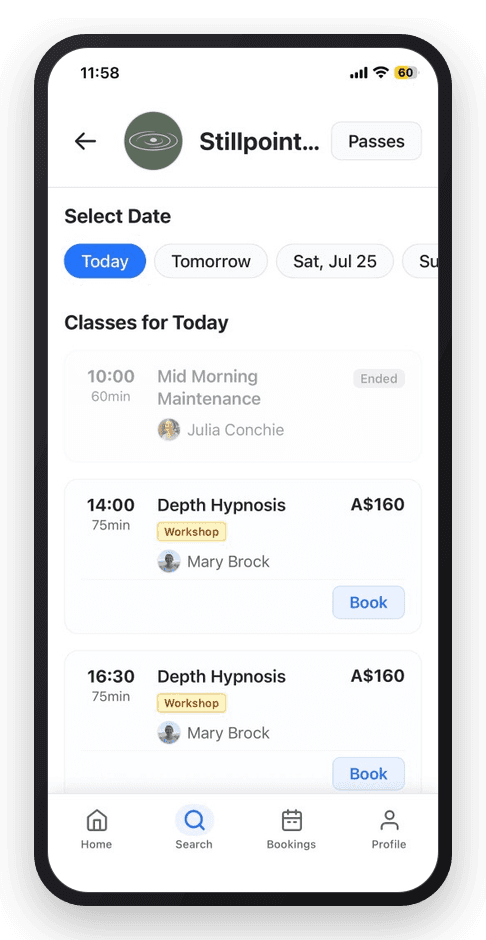 CoreBookings client app: studio class schedule