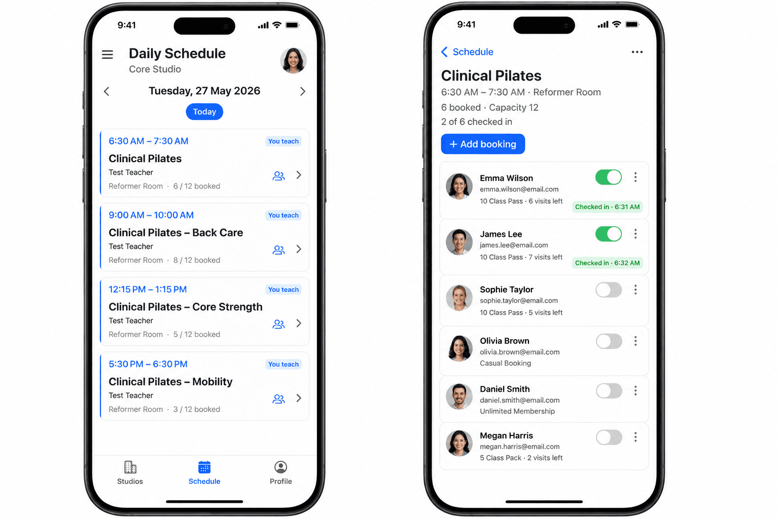 CoreBookings teacher app: daily schedule and clinical Pilates check-in